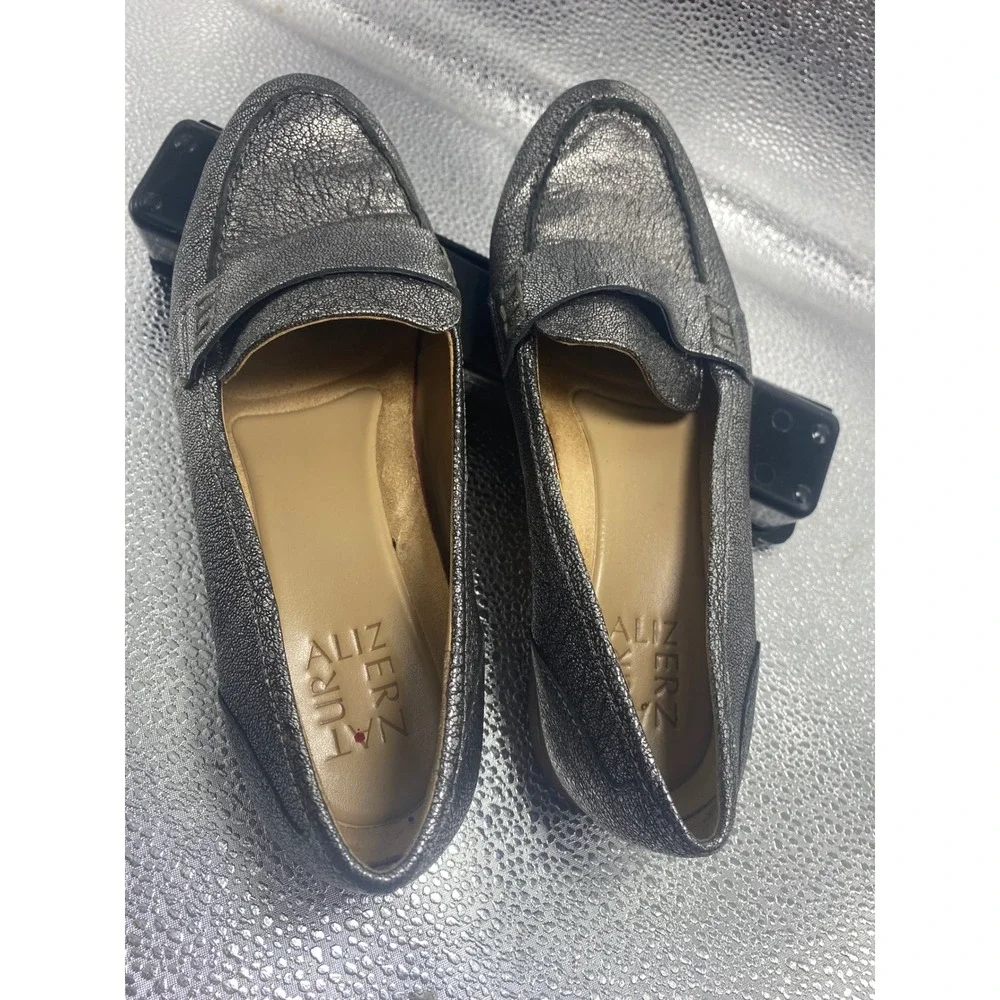 Naturalizer Womens Metallic Pewter Leather Penny Loafers Gunmetal Slip On Shoes